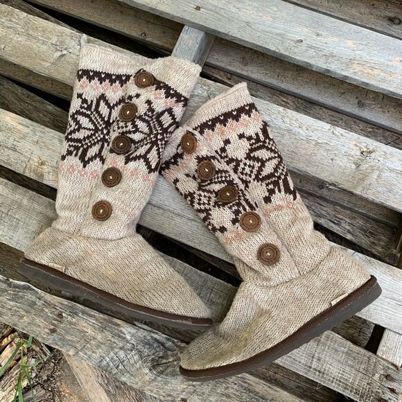 Muk Luks knit sweater winter boots beige brown fair isle size 11 - Picture 1 of 5